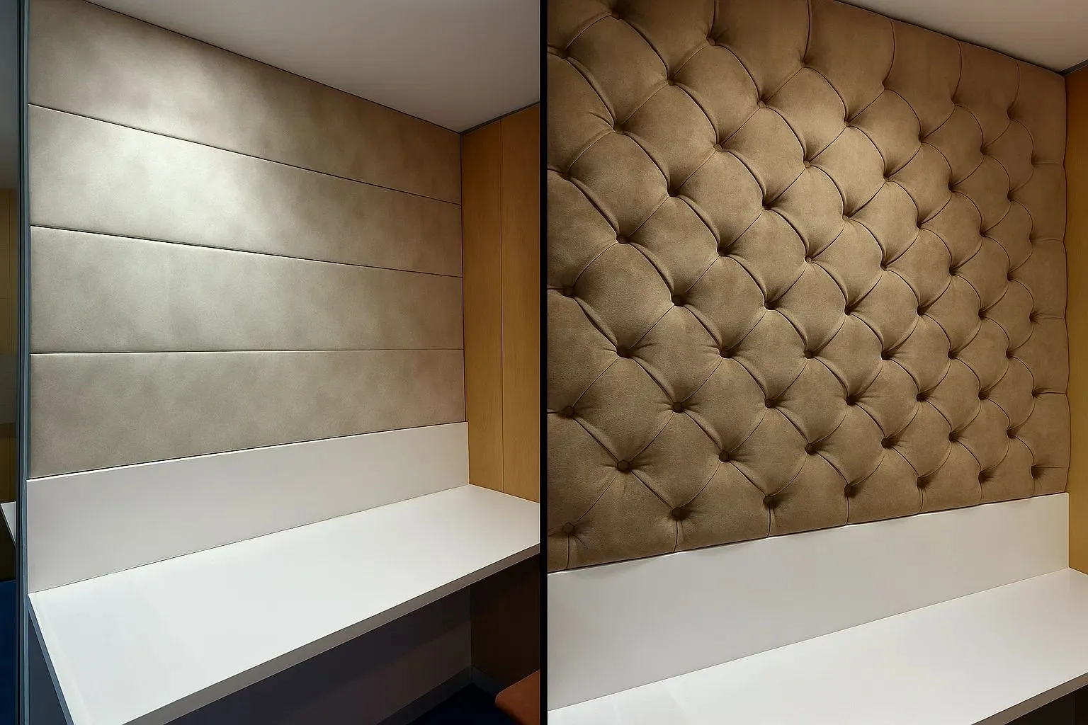 Antes y después de un cabecero tapizado en capitoné en Barcelona — Torres Tapicería