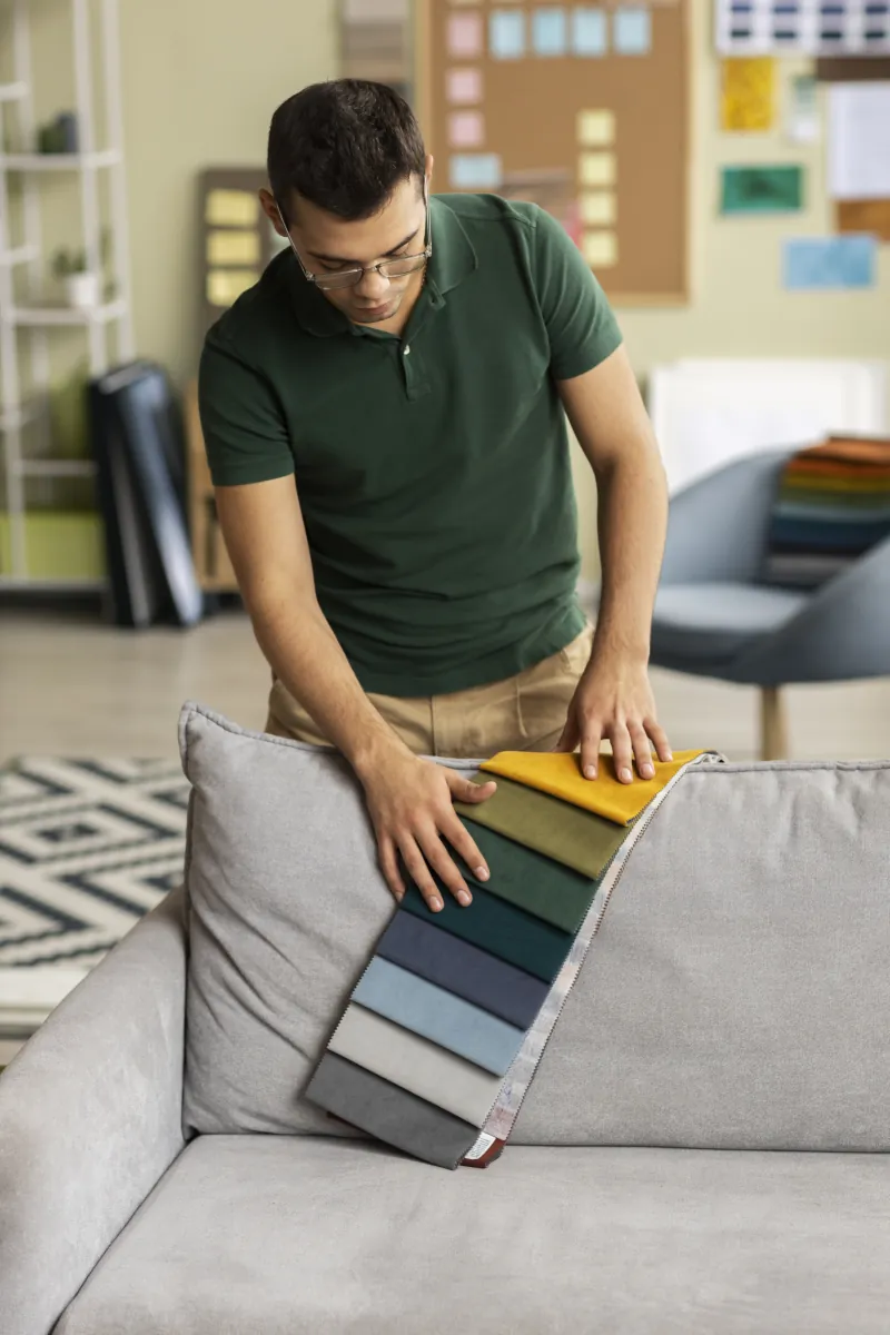 Selección de telas para tapicería en el taller de Torres Tapicería Madrid
