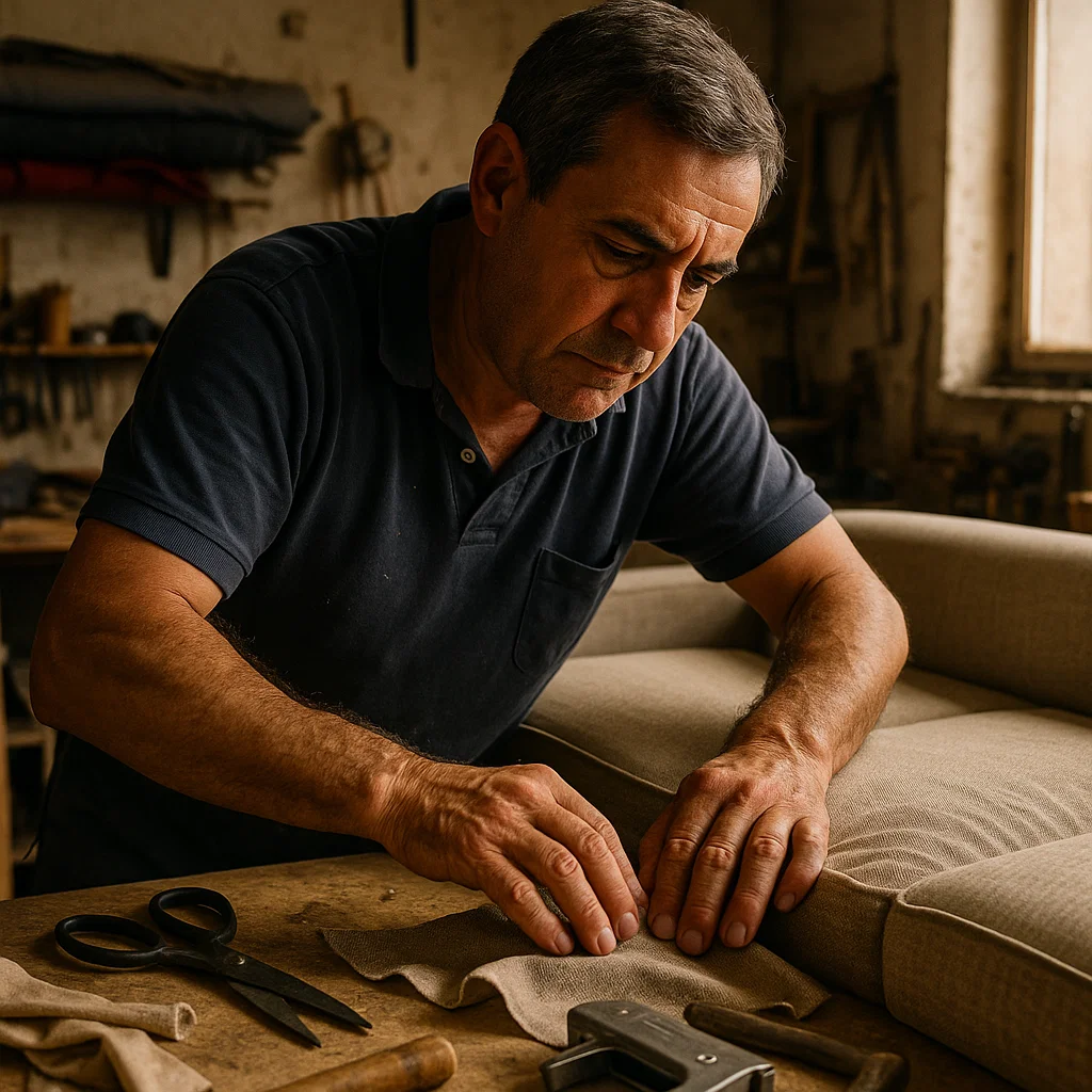 Maestro tapicero trabajando en el taller de Torres Tapicería en Madrid